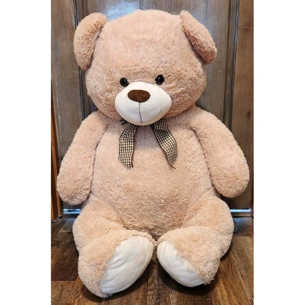 Cuddly Life Size Plush Teddy Bear With Bow - Cream